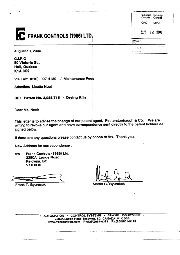 Document de brevet canadien 2088715. Correspondance 20000810. Image 1 de 3