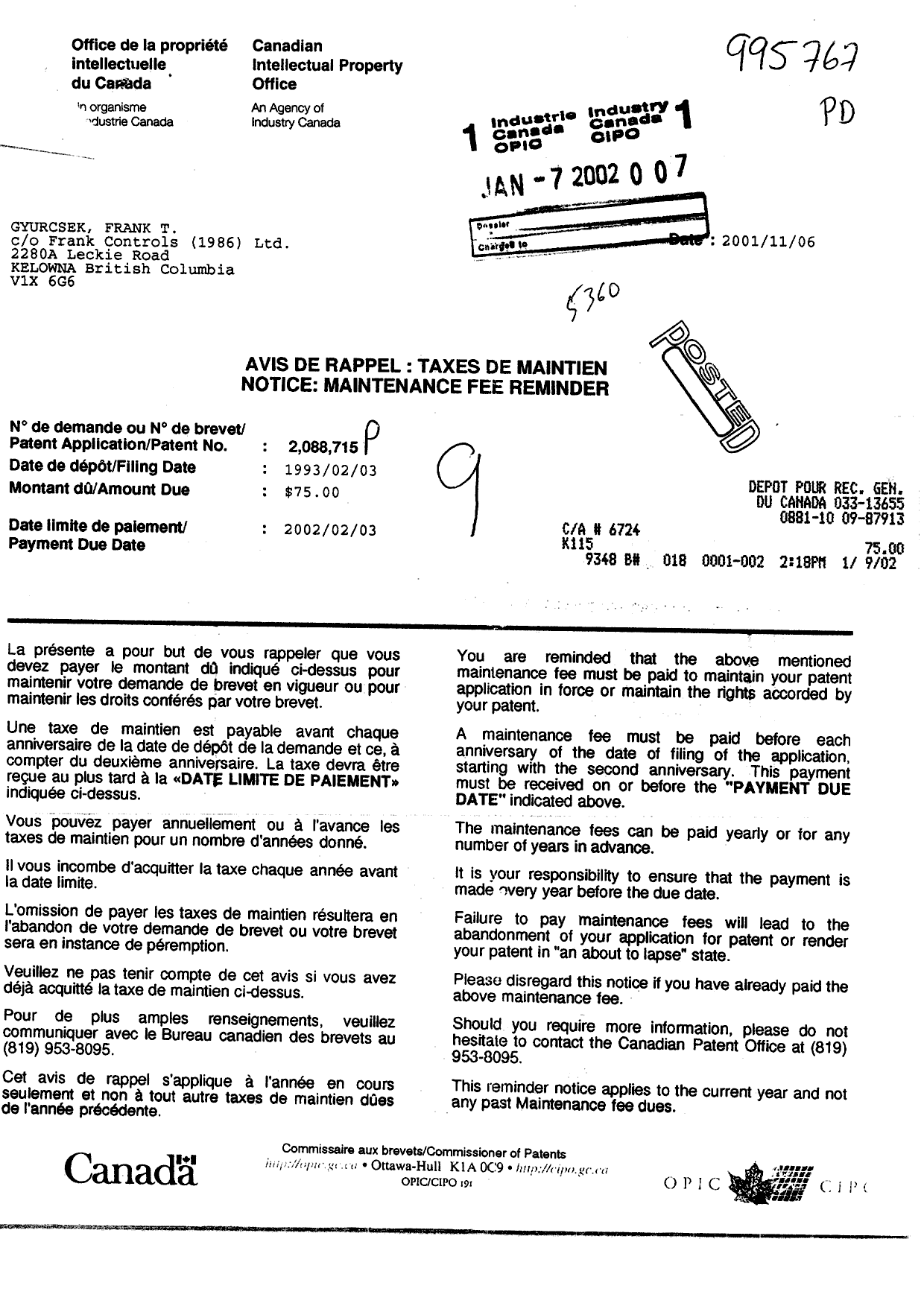 Canadian Patent Document 2088715. Fees 20020107. Image 1 of 1