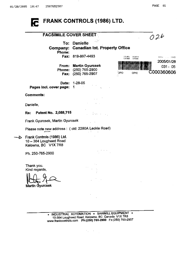 Canadian Patent Document 2088715. Correspondence 20050128. Image 1 of 1