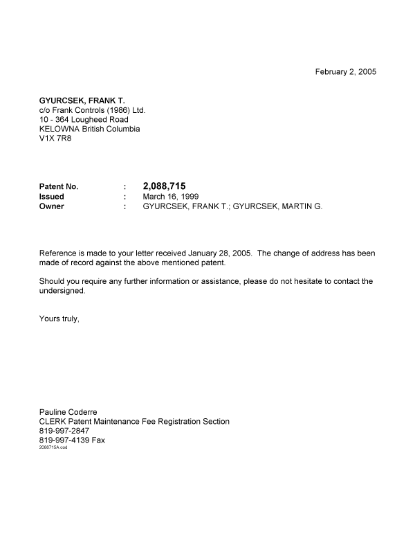 Document de brevet canadien 2088715. Correspondance 20050202. Image 1 de 1