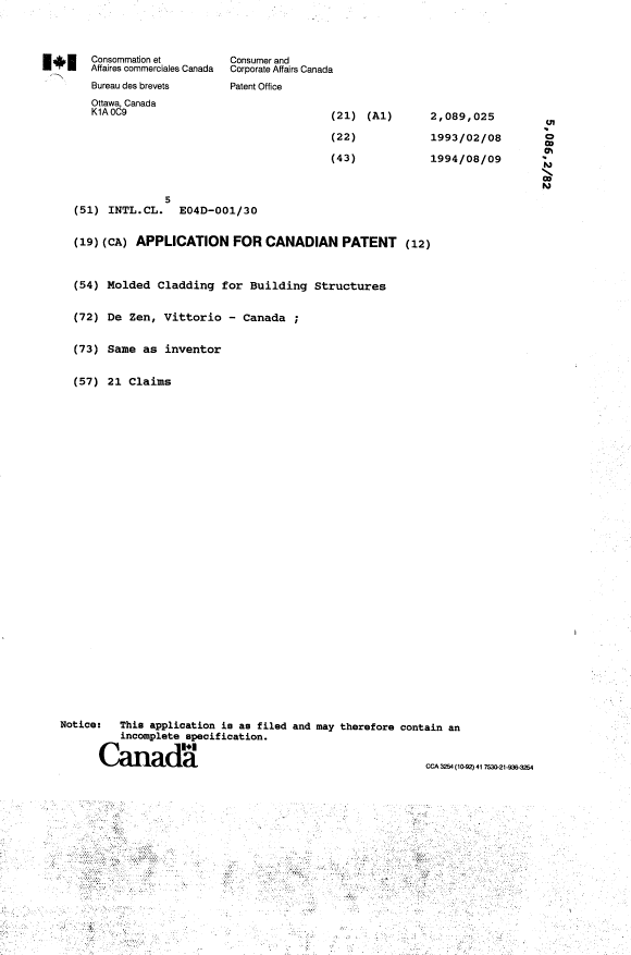 Canadian Patent Document 2089025. Cover Page 19941208. Image 1 of 1