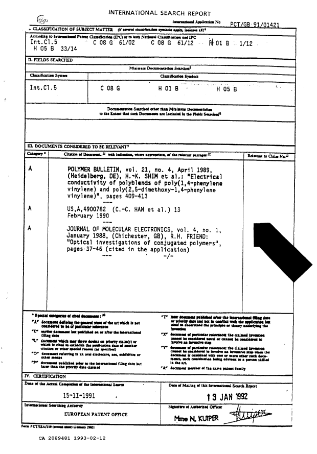 Document de brevet canadien 2089481. Rapport d'examen préliminaire international 19930212. Image 1 de 125