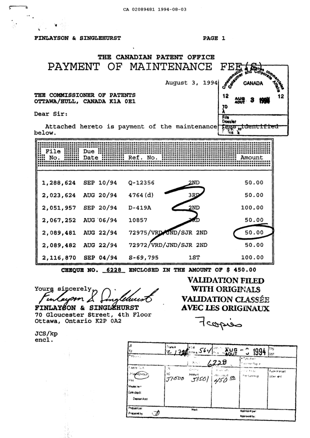 Document de brevet canadien 2089481. Taxes 19940803. Image 1 de 1