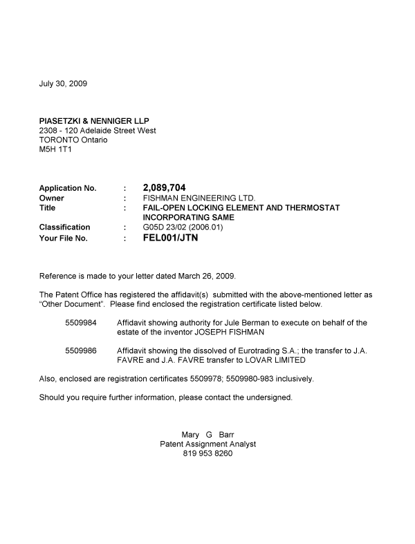 Document de brevet canadien 2089704. Correspondance 20090730. Image 1 de 1