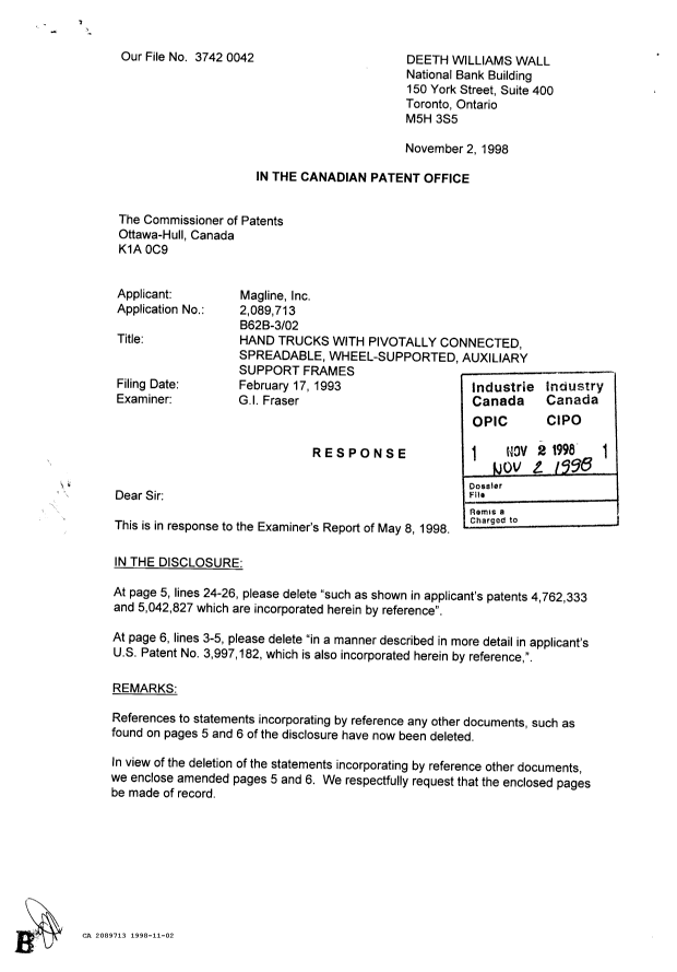 Document de brevet canadien 2089713. Correspondance de la poursuite 19981102. Image 1 de 2