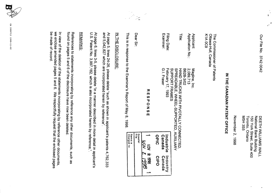 Canadian Patent Document 2089713. Prosecution Correspondence 19981102. Image 1 of 2