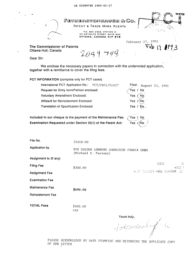 Document de brevet canadien 2089748. Taxes 19921217. Image 1 de 1