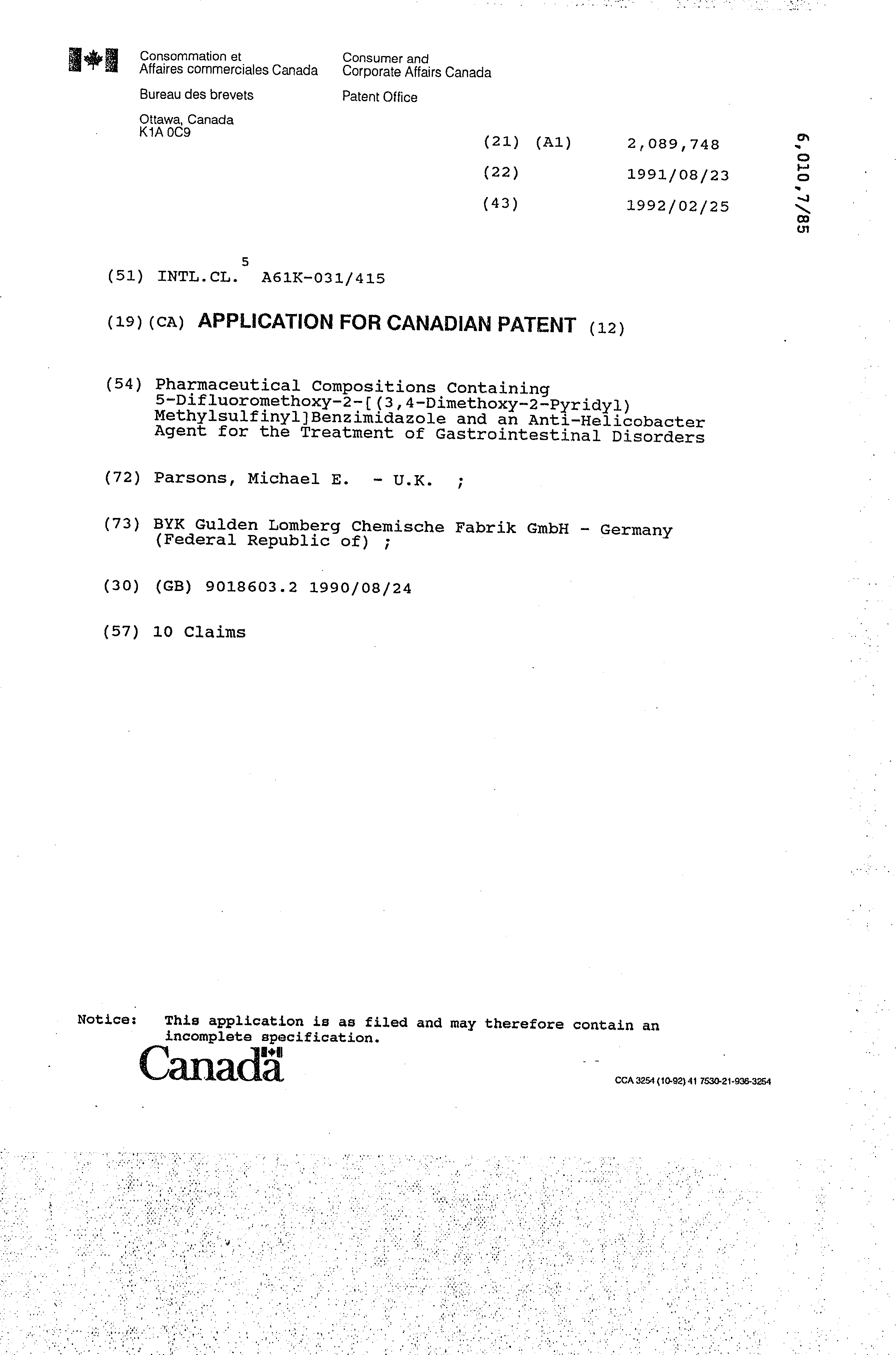 Canadian Patent Document 2089748. Cover Page 19931204. Image 1 of 1