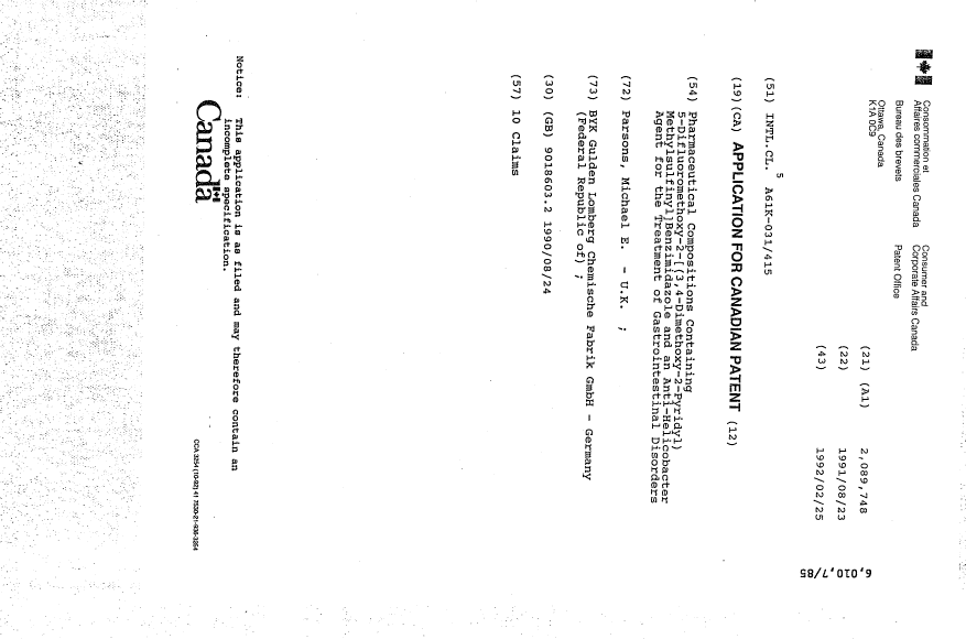 Document de brevet canadien 2089748. Page couverture 19931204. Image 1 de 1