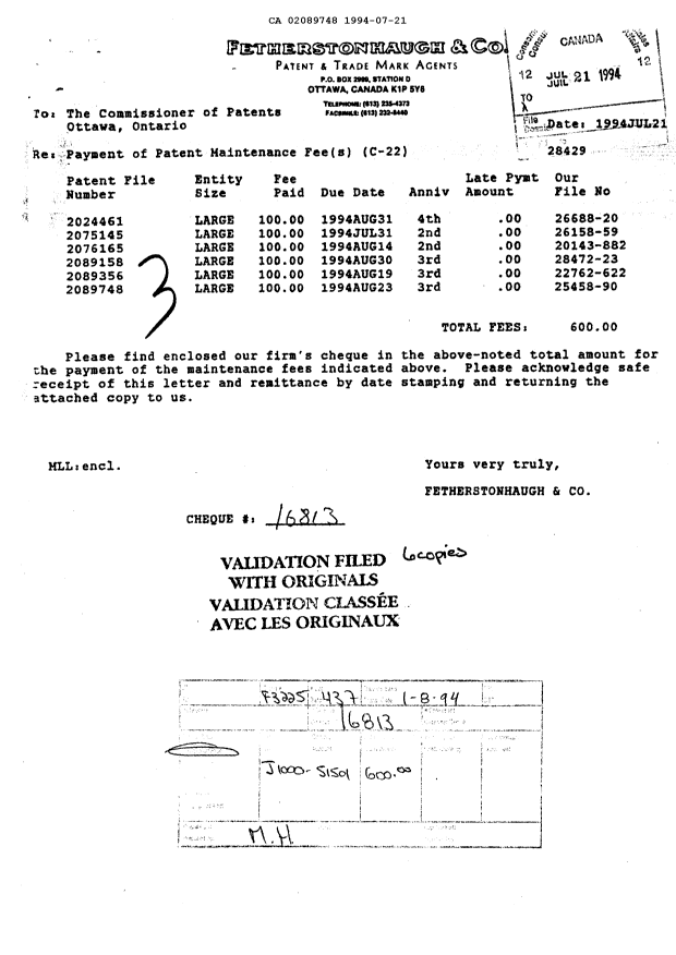 Canadian Patent Document 2089748. Fees 19931221. Image 1 of 1