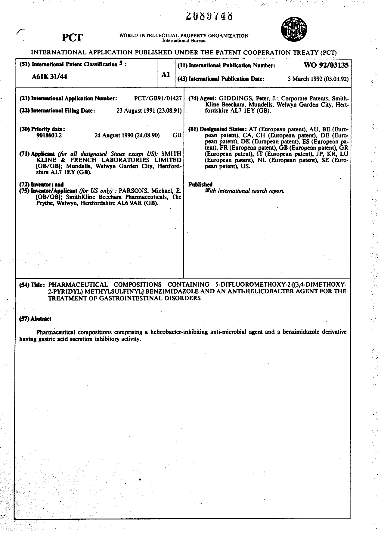 Canadian Patent Document 2089748. Abstract 19941217. Image 1 of 1