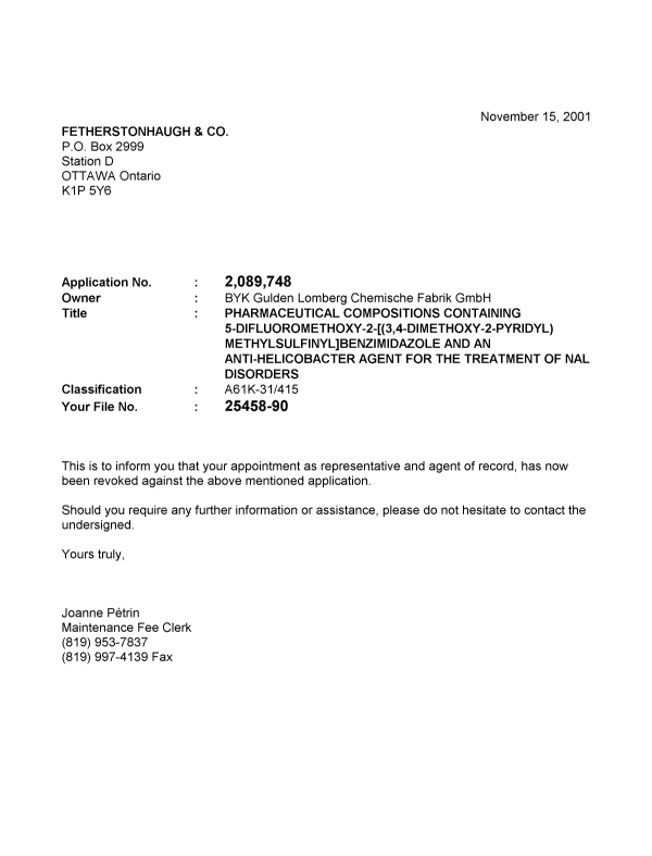 Canadian Patent Document 2089748. Correspondence 20001215. Image 1 of 1