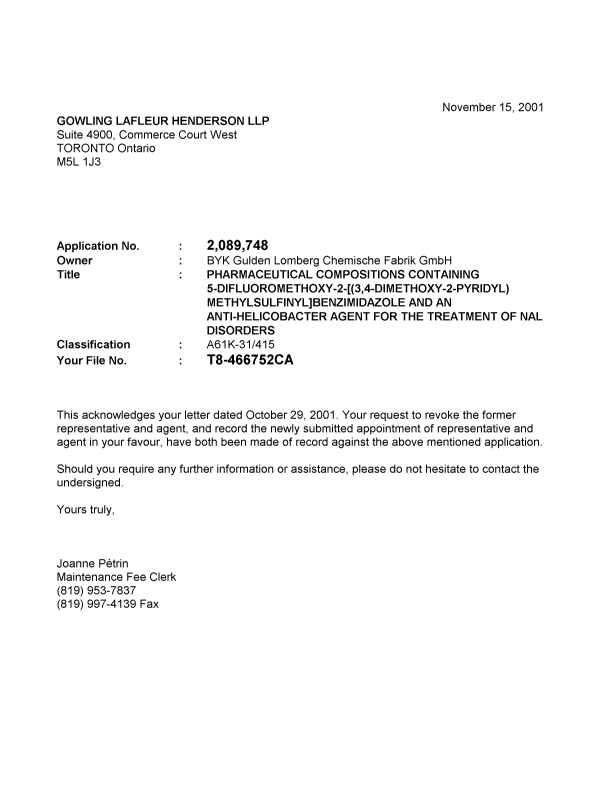 Document de brevet canadien 2089748. Correspondance 20001215. Image 1 de 1