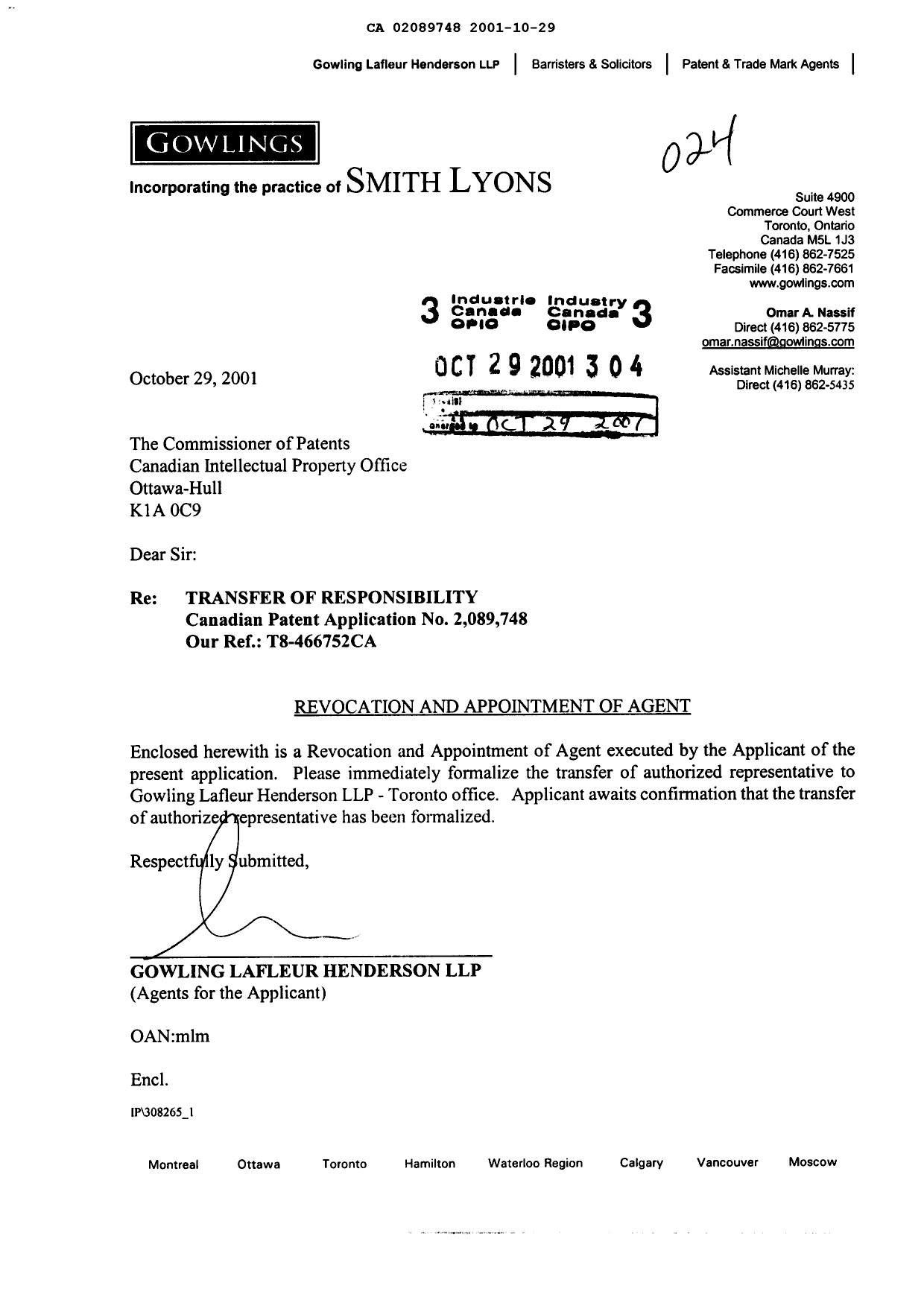 Canadian Patent Document 2089748. Correspondence 20001229. Image 1 of 2