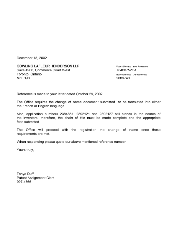 Document de brevet canadien 2089748. Correspondance 20011213. Image 1 de 1