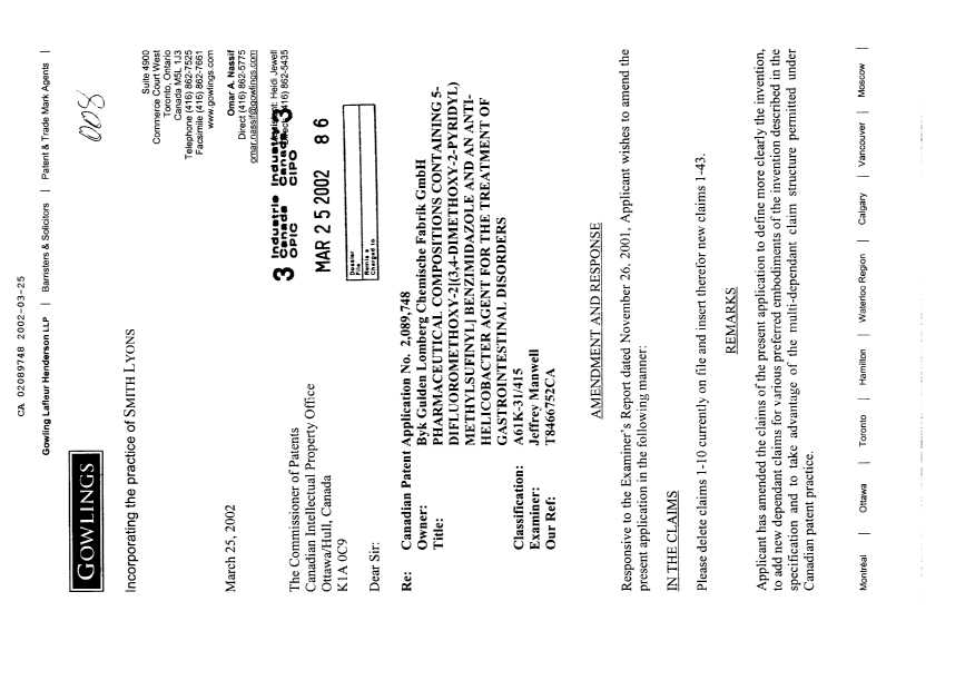 Canadian Patent Document 2089748. Prosecution-Amendment 20011225. Image 1 of 9