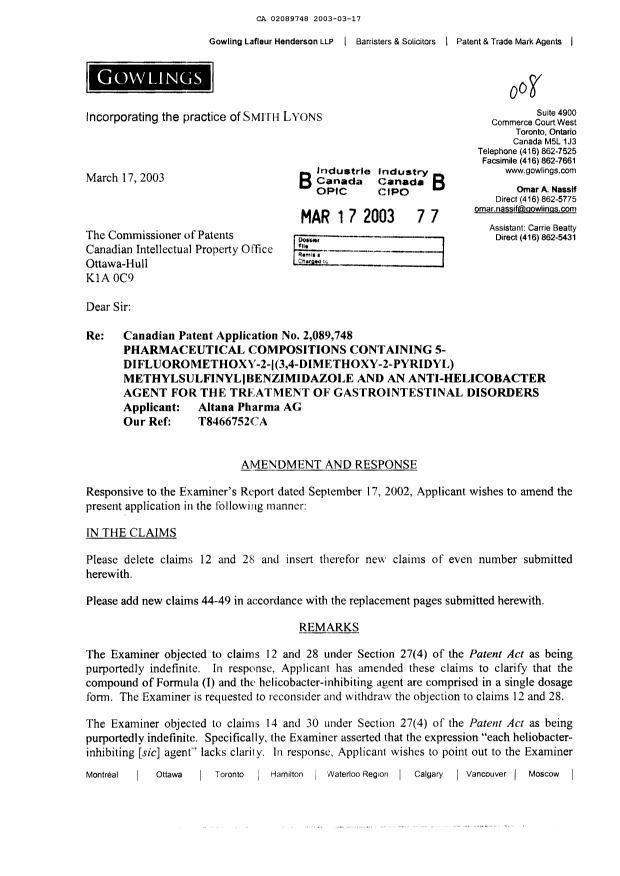 Canadian Patent Document 2089748. Prosecution-Amendment 20021217. Image 1 of 6