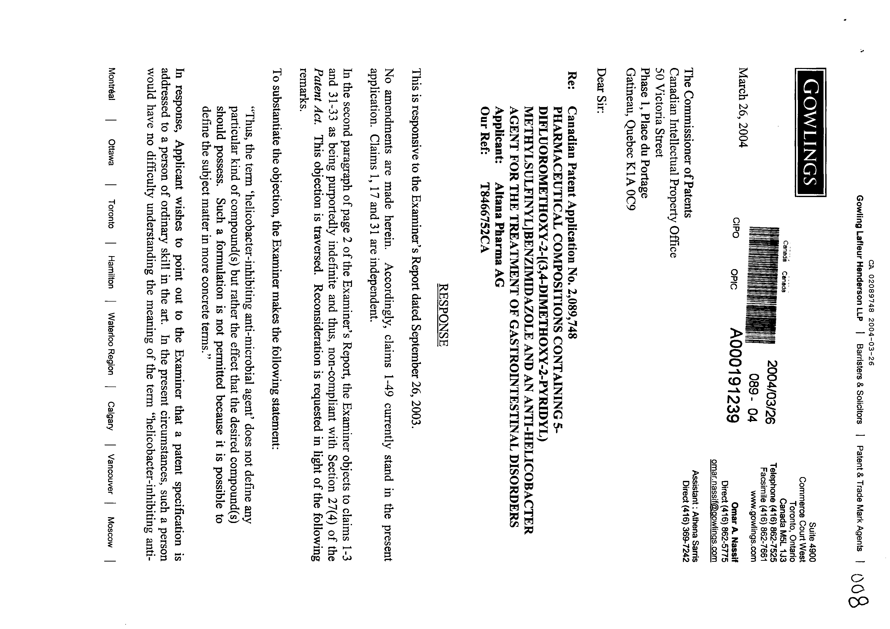Canadian Patent Document 2089748. Prosecution-Amendment 20031226. Image 1 of 6