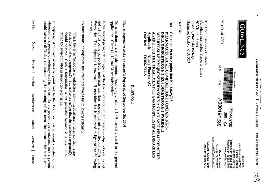 Canadian Patent Document 2089748. Prosecution-Amendment 20031226. Image 1 of 6