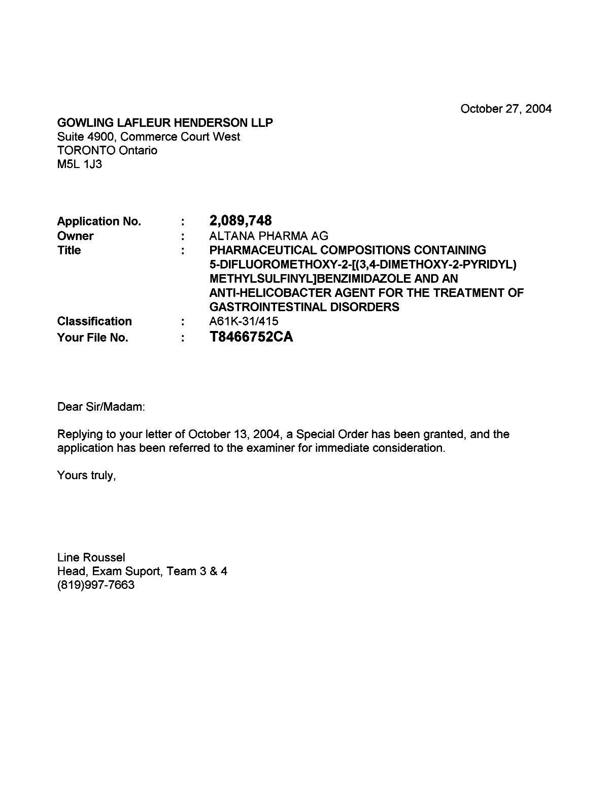 Canadian Patent Document 2089748. Prosecution-Amendment 20031227. Image 1 of 1