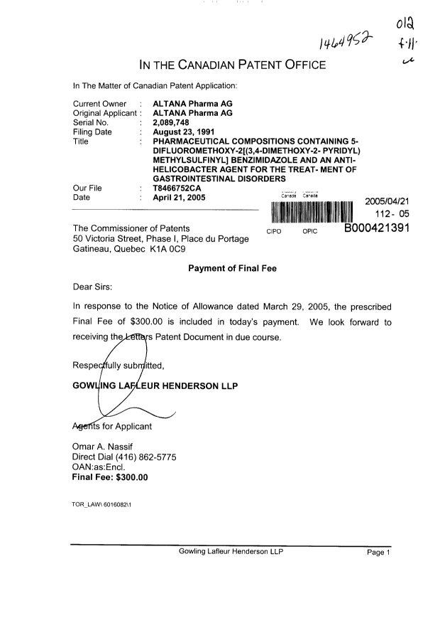 Canadian Patent Document 2089748. Correspondence 20041221. Image 1 of 1