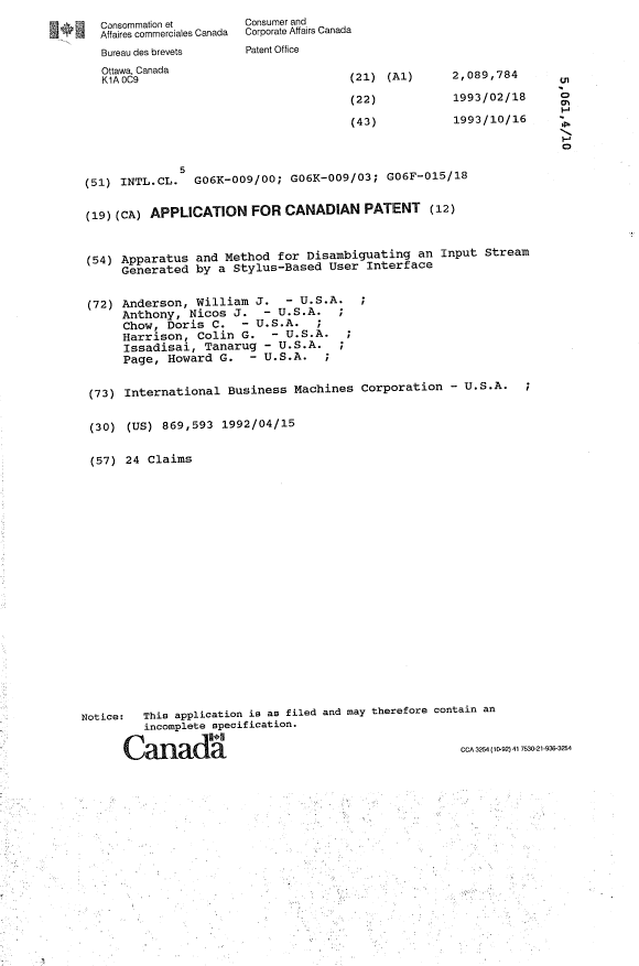 Document de brevet canadien 2089784. Page couverture 19940226. Image 1 de 1