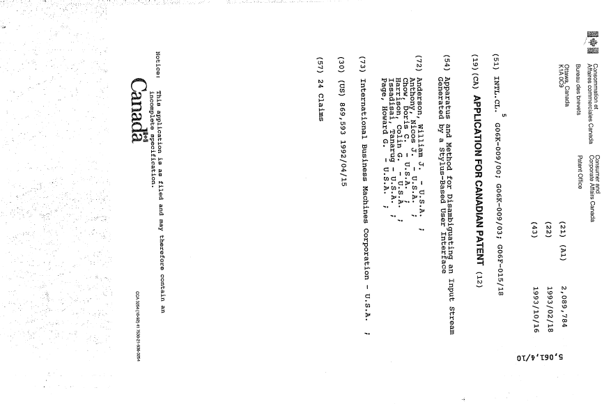 Canadian Patent Document 2089784. Cover Page 19940226. Image 1 of 1