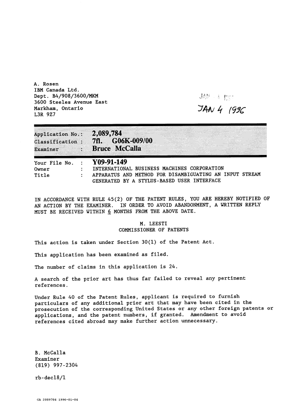 Document de brevet canadien 2089784. Lettre du bureau 19960104. Image 1 de 1