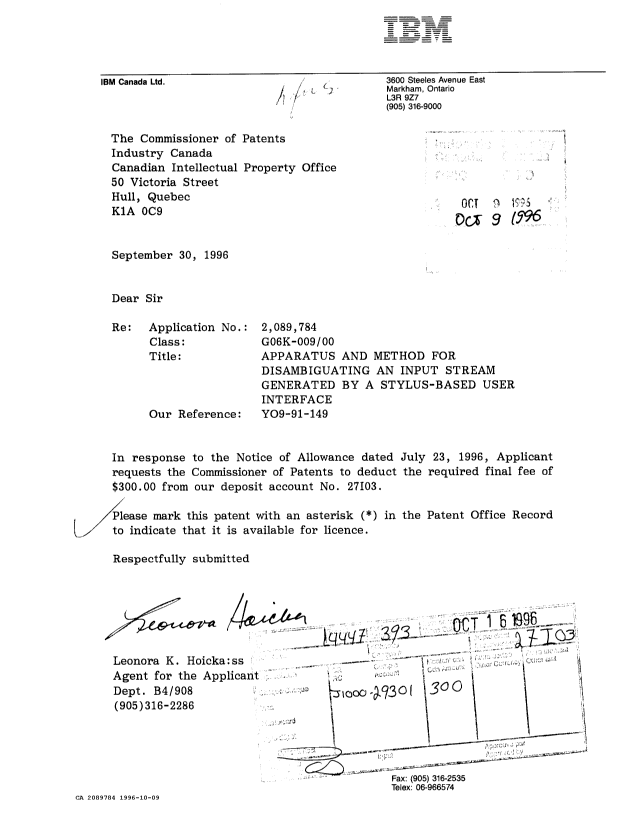 Document de brevet canadien 2089784. Correspondance reliée au PCT 19961009. Image 1 de 1