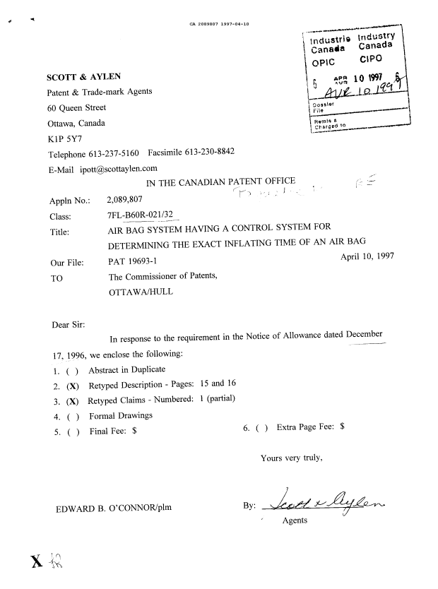 Canadian Patent Document 2089807. Prosecution Correspondence 19970410. Image 1 of 1