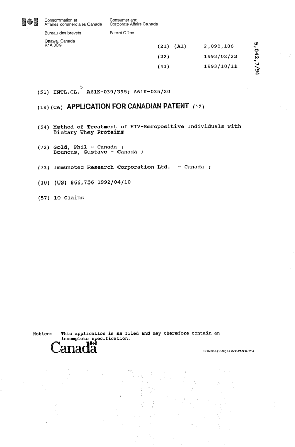 Document de brevet canadien 2090186. Page couverture 19931201. Image 1 de 1