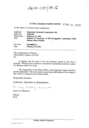 Canadian Patent Document 2090186. Correspondence 19931210. Image 1 of 1