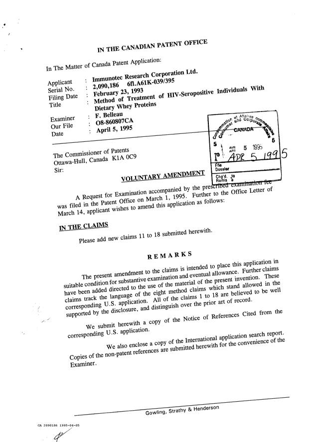 Canadian Patent Document 2090186. Prosecution-Amendment 19941205. Image 1 of 3