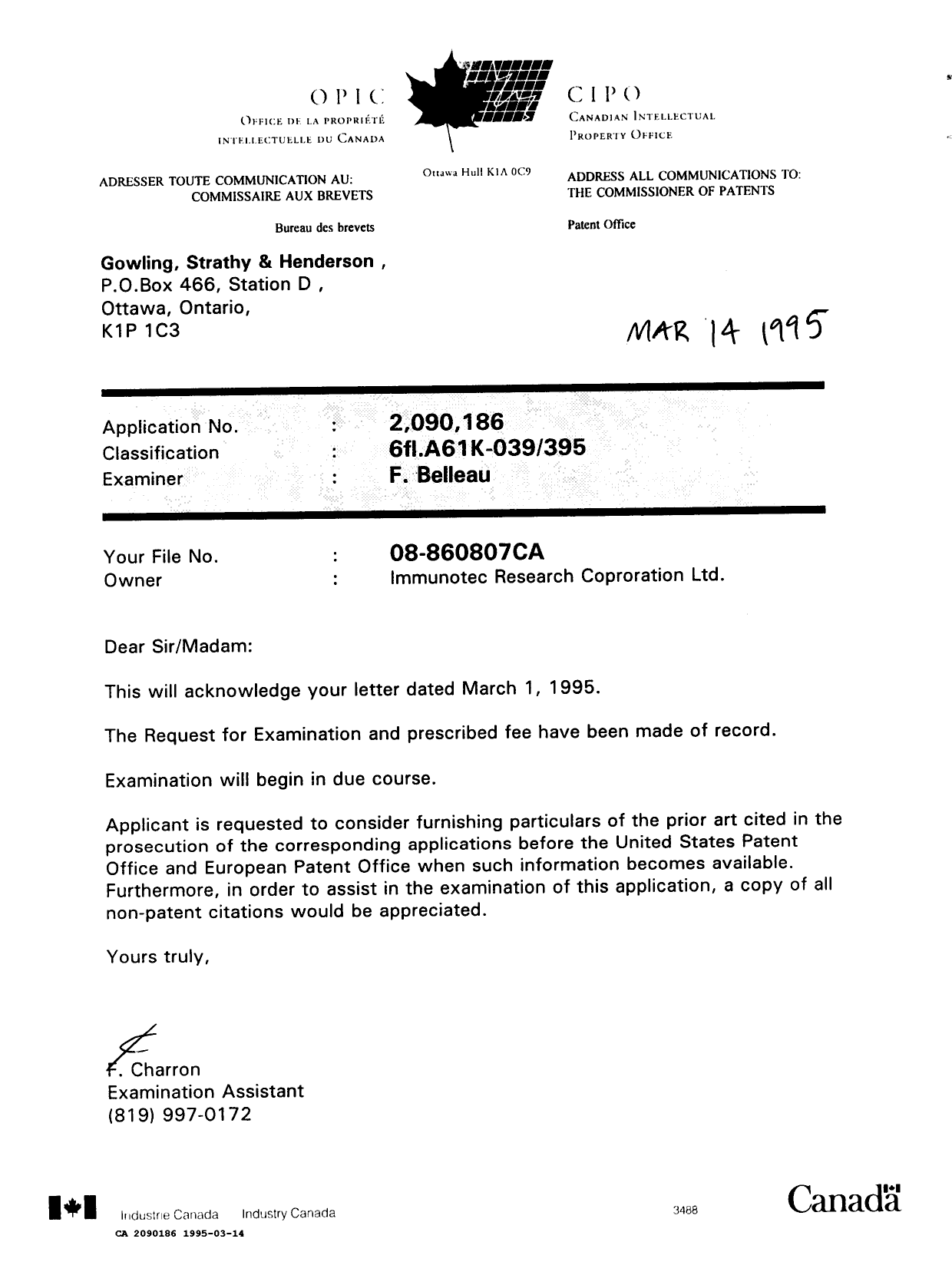 Canadian Patent Document 2090186. Correspondence 19941214. Image 1 of 1