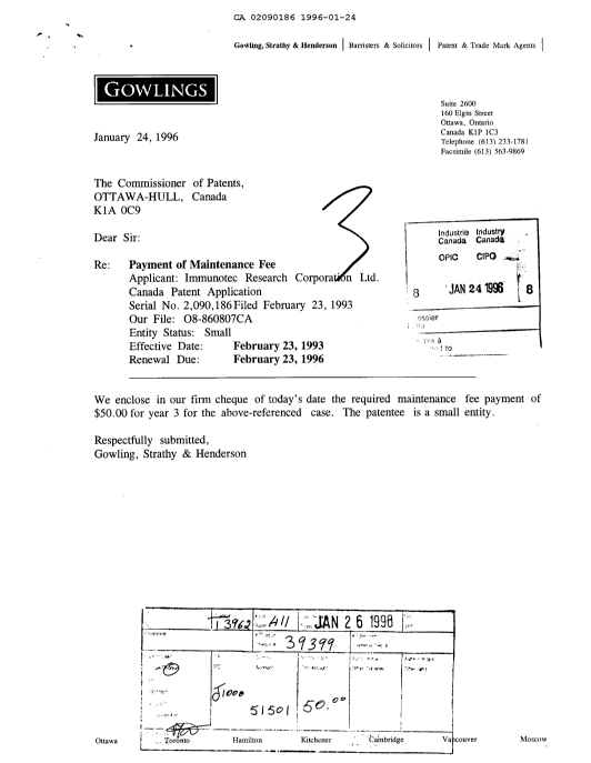Document de brevet canadien 2090186. Taxes 19951224. Image 1 de 1