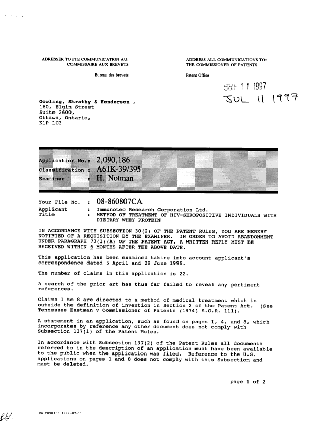 Canadian Patent Document 2090186. Prosecution-Amendment 19961211. Image 1 of 2