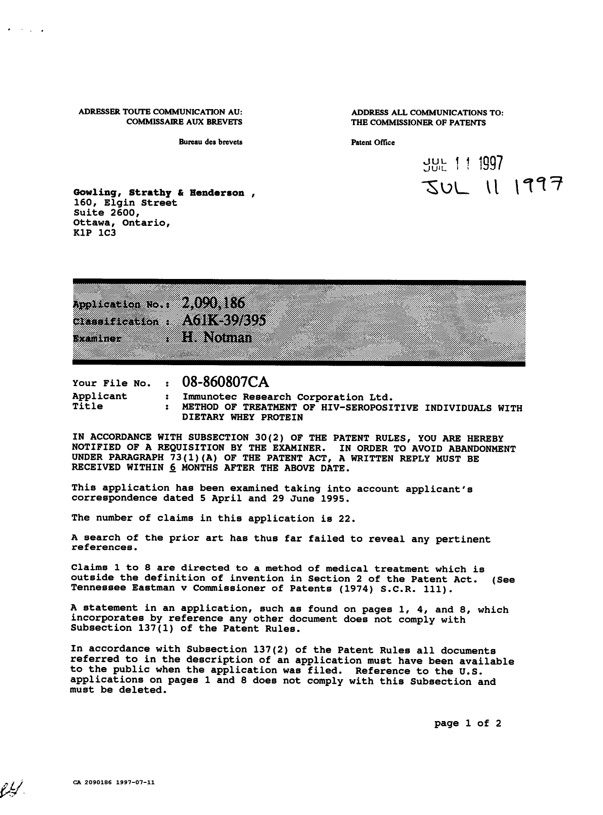 Canadian Patent Document 2090186. Prosecution-Amendment 19961211. Image 1 of 2