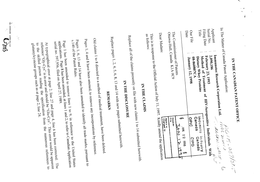 Canadian Patent Document 2090186. Prosecution Correspondence 19980112. Image 1 of 2