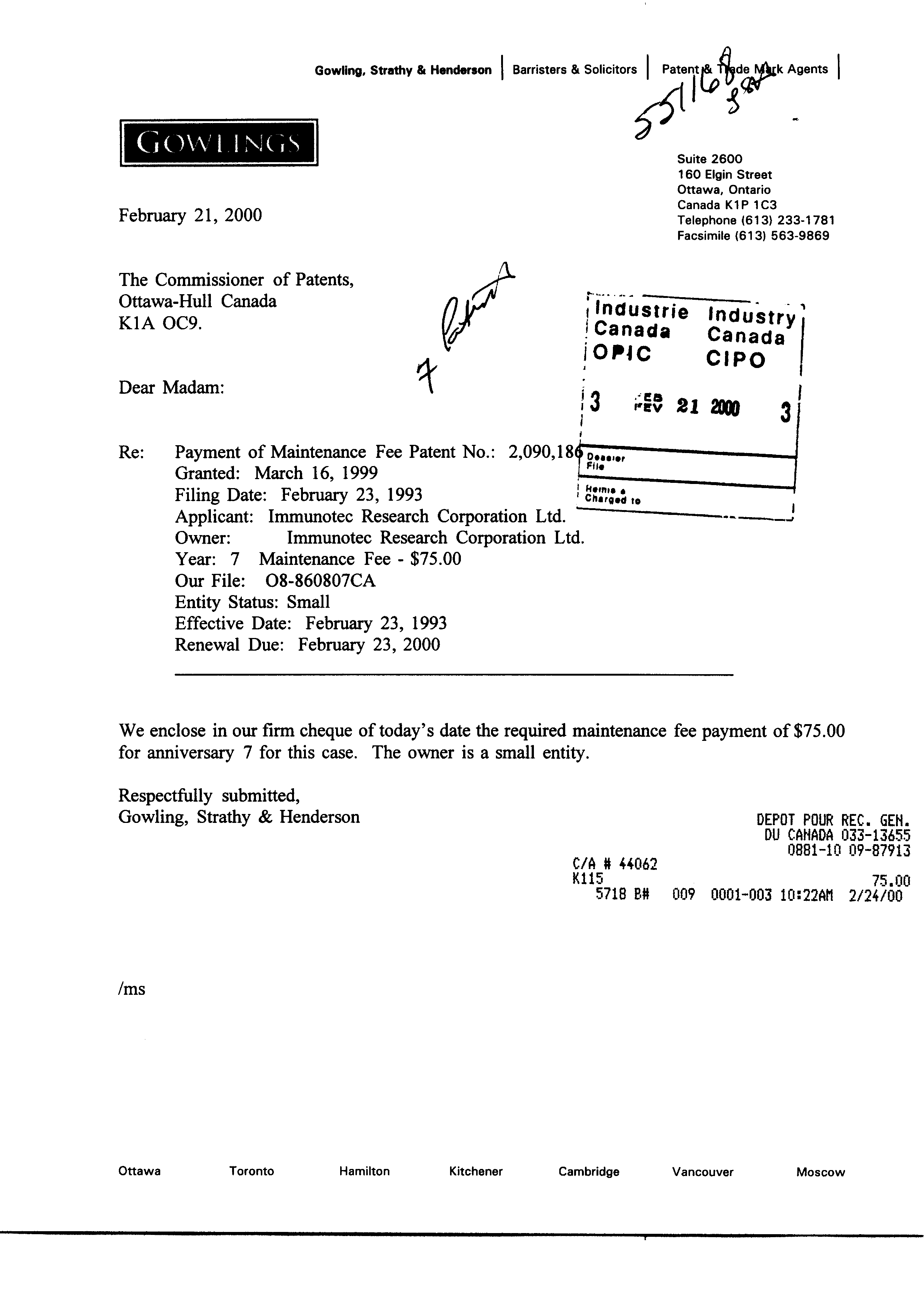 Canadian Patent Document 2090186. Fees 19991221. Image 1 of 1