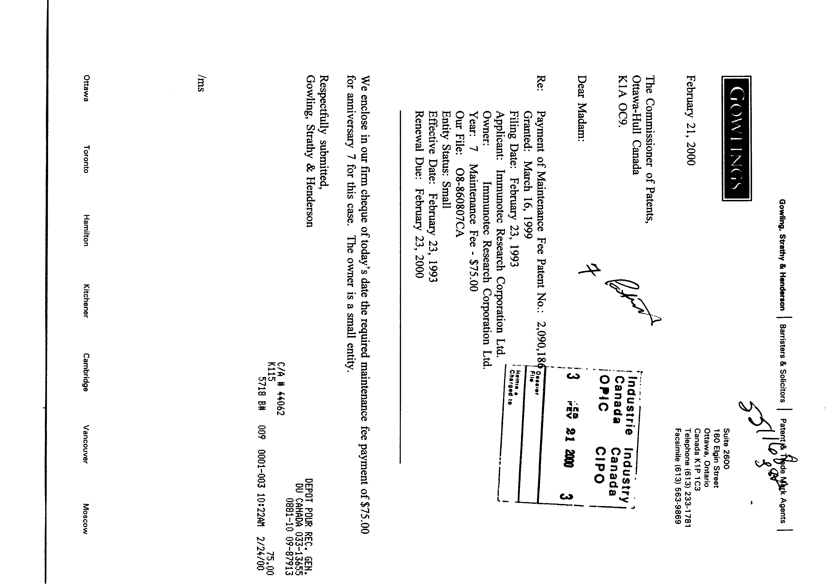 Document de brevet canadien 2090186. Taxes 19991221. Image 1 de 1