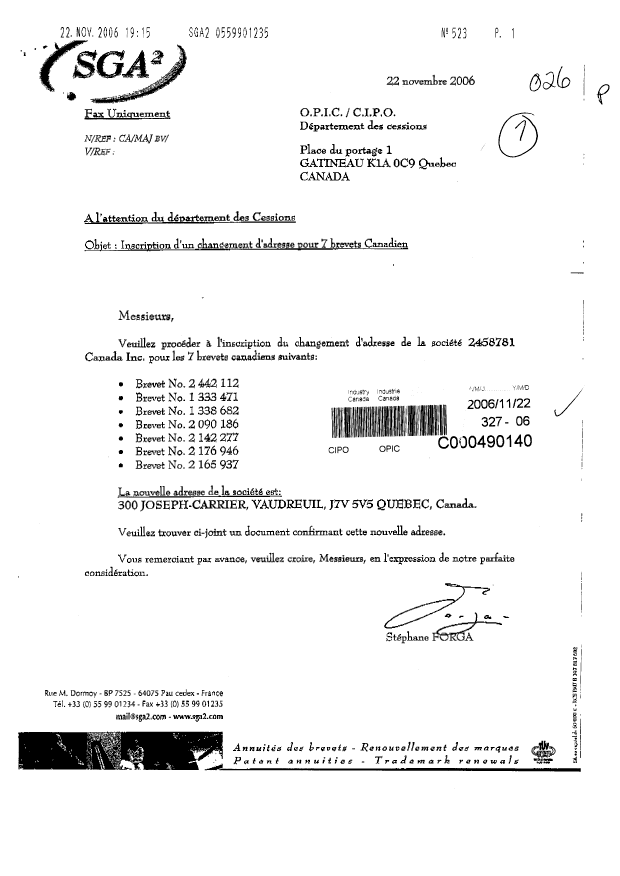 Canadian Patent Document 2090186. Correspondence 20051222. Image 1 of 2