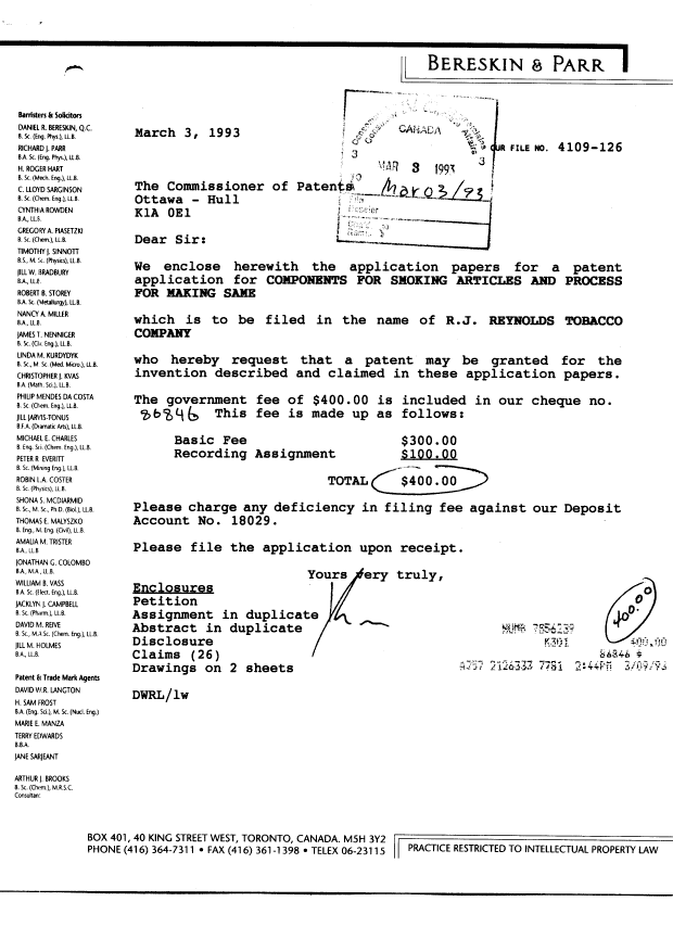 Document de brevet canadien 2090918. Cession 19930303. Image 1 de 5