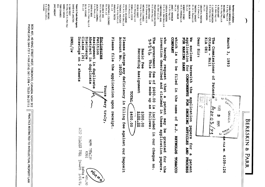 Canadian Patent Document 2090918. Assignment 19930303. Image 1 of 5