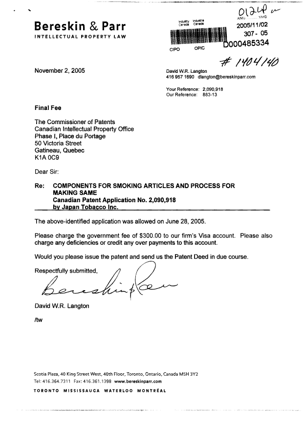 Document de brevet canadien 2090918. Correspondance 20051102. Image 1 de 1