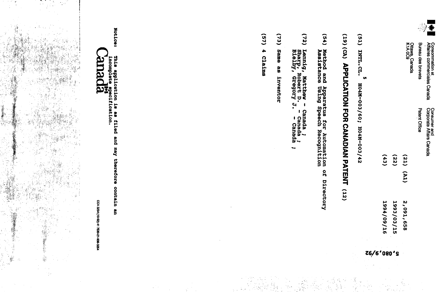 Canadian Patent Document 2091658. Cover Page 19941218. Image 1 of 1