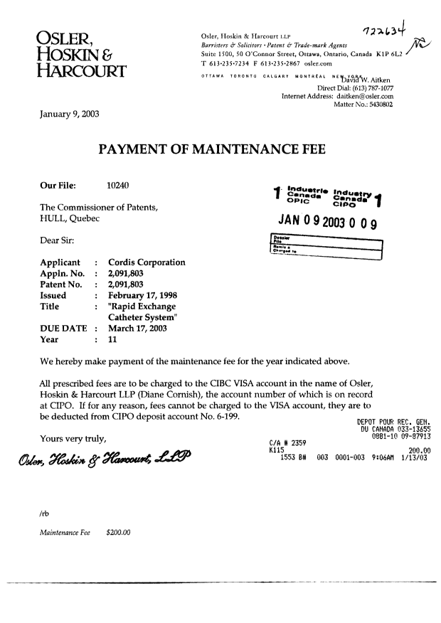 Canadian Patent Document 2091803. Fees 20030109. Image 1 of 1