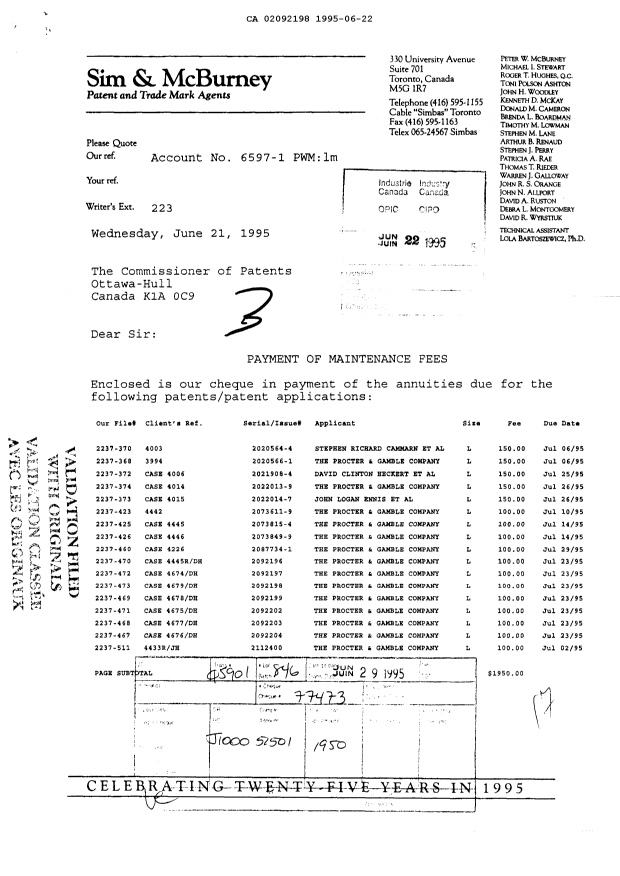 Document de brevet canadien 2092198. Taxes 19950622. Image 1 de 1