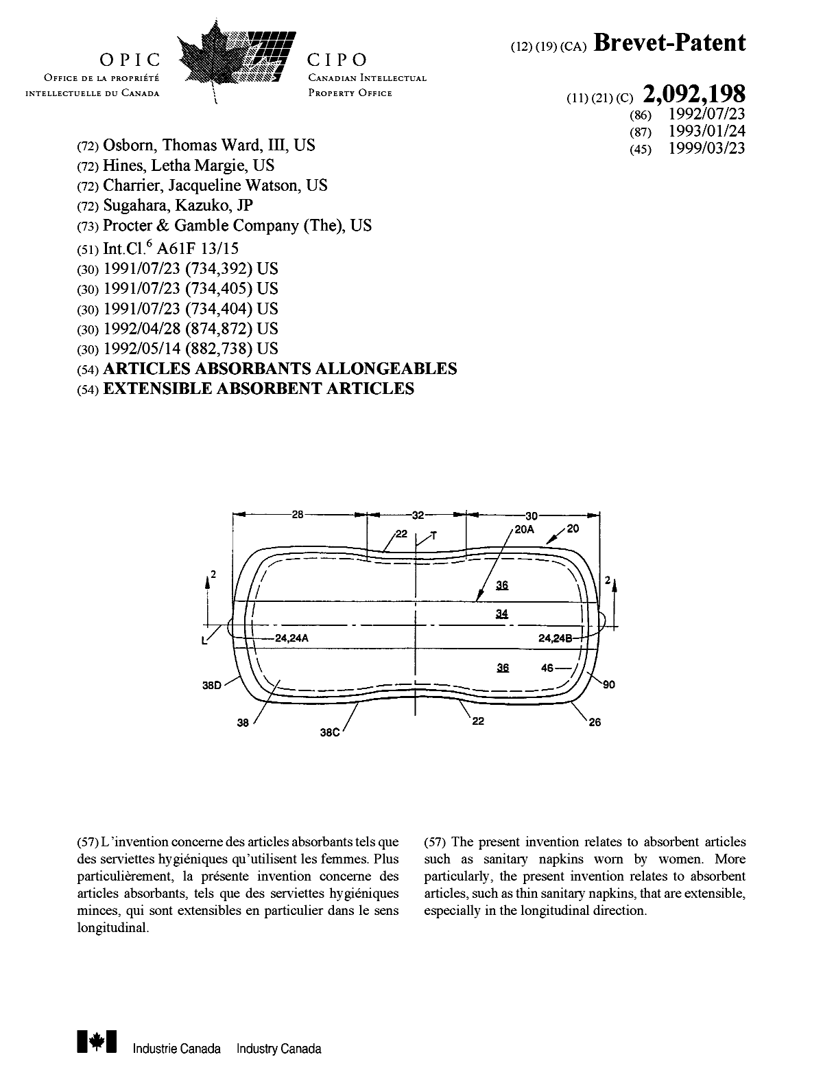 Canadian Patent Document 2092198. Cover Page 19990317. Image 1 of 1