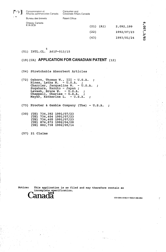 Canadian Patent Document 2092199. Cover Page 19931214. Image 1 of 1