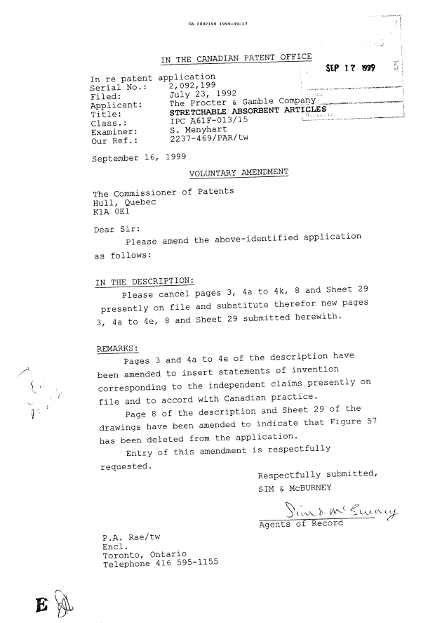Canadian Patent Document 2092199. Prosecution-Amendment 19981217. Image 1 of 1